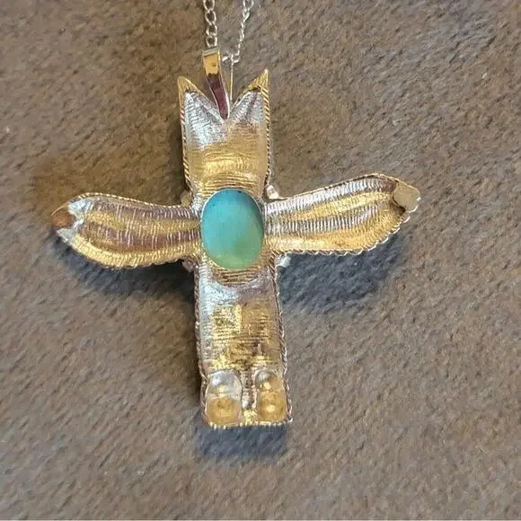 Silver Tone And Turquoise Thunderbird Pendant On Sterling Silver Chain / Z2B - Picture 2 of 3